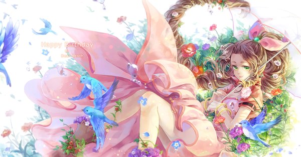 Anime picture 1900x994 with final fantasy final fantasy vii square enix aerith gainsborough cat princess single looking at viewer highres smile brown hair wide image green eyes bent knee (knees) ponytail very long hair hair flower drill hair flying underwater happy birthday