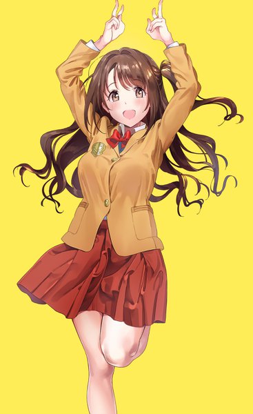 Anime picture 1808x2953 with idolmaster idolmaster cinderella girls shimamura uzuki ame (uten cancel) single long hair tall image looking at viewer blush highres open mouth simple background brown hair brown eyes :d pleated skirt arms up one side up victory yellow background