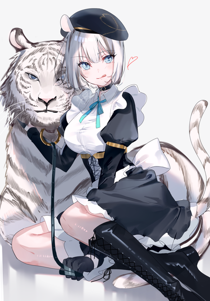 Anime picture 1039x1489 with original miwano rag single tall image looking at viewer blush fringe short hair breasts blue eyes simple background sitting signed animal ears silver hair full body bent knee (knees) tail long sleeves animal tail