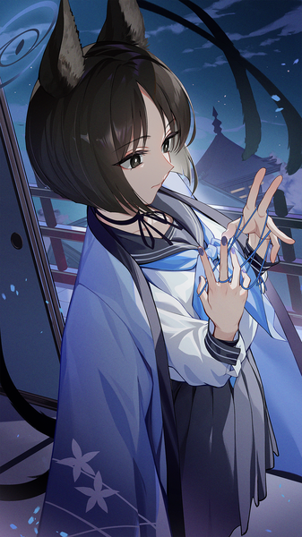 Anime picture 1080x1920 with blue archive kikyou (blue archive) kainown single tall image short hair brown hair standing animal ears looking away indoors tail nail polish animal tail pleated skirt from above black eyes cat ears cat girl cat tail