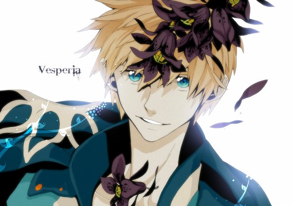 Anime picture 1107x780 with tales of (series) tales of vesperia flynn scifo short hair blonde hair white background aqua eyes inscription wallpaper copyright name boy flower (flowers) choker