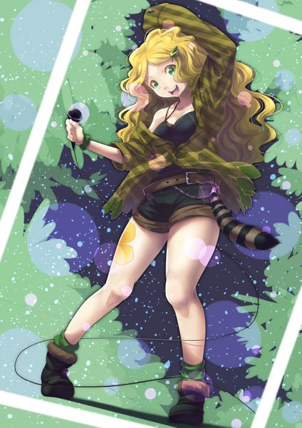 Anime picture 2480x3507 with locadol promotion kotorikurama single long hair tall image looking at viewer highres open mouth blonde hair green eyes girl shorts microphone