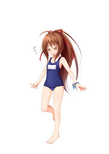 Anime picture 2507x3542 with original tachibana mion (izumi kazusa) haryuu (poetto) single long hair tall image blush highres open mouth light erotic simple background smile brown hair standing white background full body ahoge ponytail eyes closed barefoot