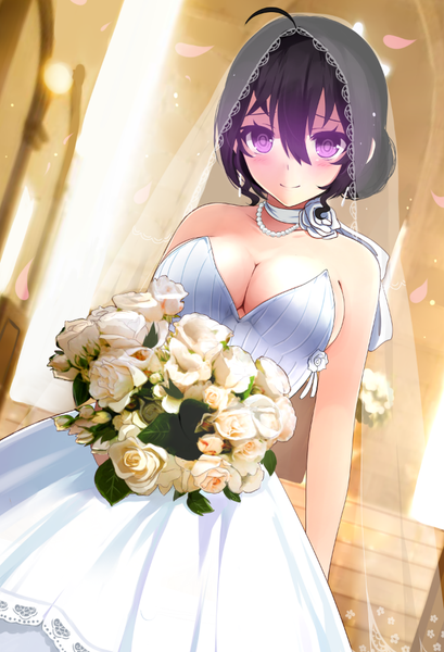 Anime picture 664x973 with original miyaura sanshio beifeng han single tall image looking at viewer blush short hair breasts light erotic black hair smile purple eyes girl dress flower (flowers) petals bouquet wedding dress