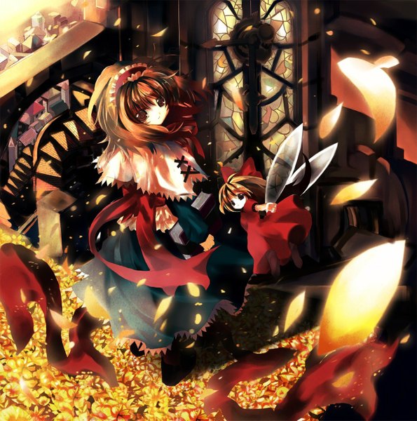 Anime picture 1300x1311 with touhou alice margatroid tall image brown hair brown eyes fairy girl petals hairband book (books) stained glass