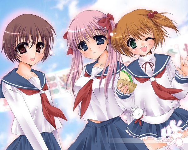 Anime picture 1280x1024 with saki haramura nodoka miyanaga saki kataoka yuuki twintails multiple girls two side up girl uniform serafuku 3 girls tagme tsubaki yukimaru