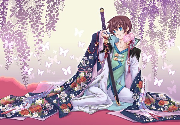 Anime picture 1155x805 with tales of graces asbel lhant short hair open mouth blue eyes brown hair sitting boy flower (flowers) weapon sword leaf (leaves) insect butterfly branch wisteria