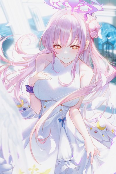 Anime picture 961x1440 with blue archive mika (blue archive) kuren kren single long hair tall image fringe smile hair between eyes yellow eyes pink hair from above hair bun (hair buns) sleeveless hand on chest girl dress white dress halo feather (feathers)