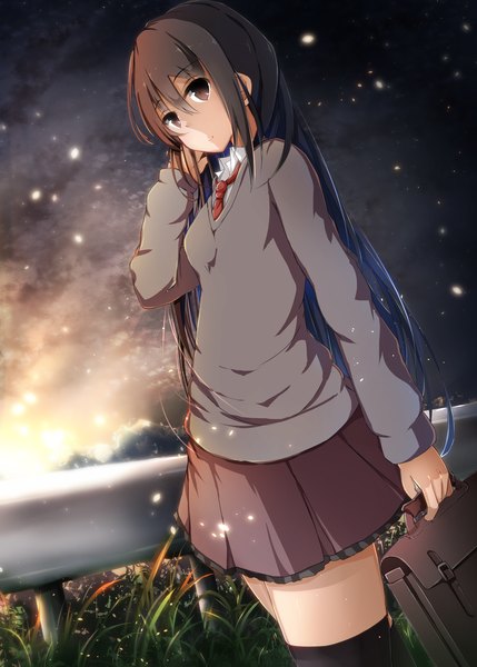 Anime picture 1296x1812 with original shirotaso0818 single long hair tall image looking at viewer black hair brown eyes dutch angle zettai ryouiki snowing girl thighhighs skirt black thighhighs sweater school bag