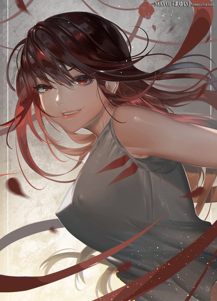 Anime picture 600x828 with original yukisaki mayui single long hair tall image fringe light erotic black hair simple background smile hair between eyes red eyes bare shoulders signed upper body red hair erect nipples shiny skin gradient background watermark