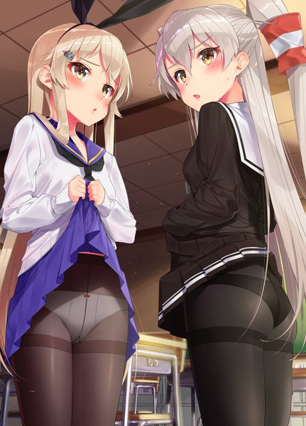 Anime picture 1150x1600 with kantai collection shimakaze destroyer amatsukaze destroyer nezumidoshi long hair tall image blush fringe light erotic blonde hair hair between eyes standing multiple girls holding yellow eyes payot ass indoors long sleeves parted lips
