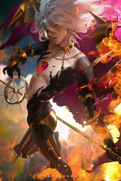 Anime picture 2339x3508 with fate (series) fate/grand order karna (fate) zumi (zumidraws) single tall image looking at viewer fringe highres short hair blue eyes hair between eyes holding signed silver hair bent knee (knees) parted lips head tilt wind realistic