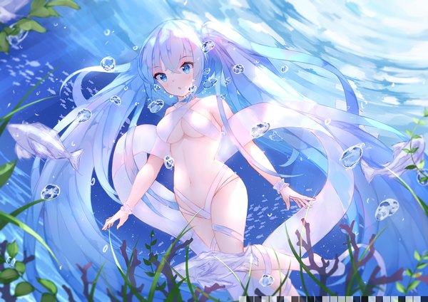 Anime-Bild 2105x1488 mit vocaloid hatsune miku naycot single blush fringe highres breasts open mouth blue eyes light erotic hair between eyes twintails payot full body very long hair aqua hair :o dutch angle underboob