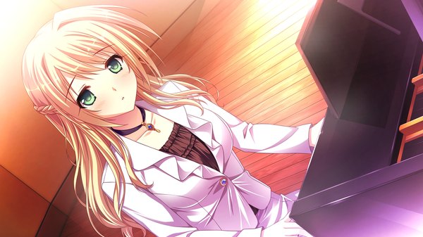 Anime picture 1920x1080 with mote sugite shuraba na ore (game) kobayakawa shiho (mote sugite shuraba na ore) sayori single long hair looking at viewer blush highres open mouth blonde hair wide image green eyes game cg music girl uniform musical instrument piano