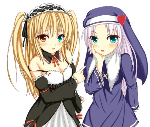 Anime picture 1300x1100 with boku wa tomodachi ga sukunai hasegawa kobato takayama maria roberi long hair looking at viewer blush open mouth blue eyes blonde hair simple background white background bare shoulders multiple girls white hair loli two side up heterochromia nun girl