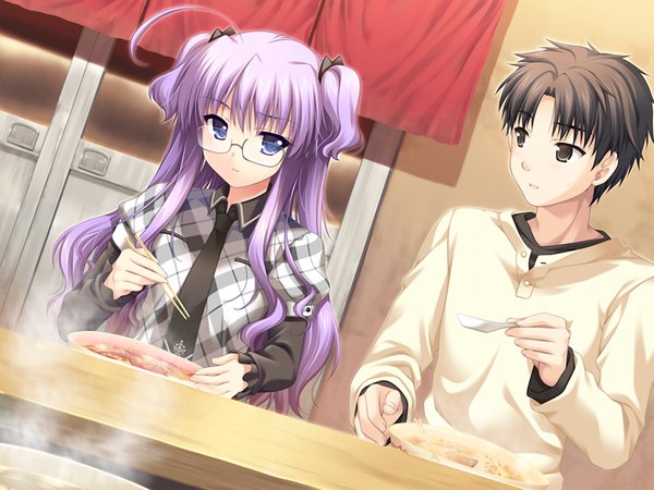 Anime picture 1024x768 with w. l. o. sekai ren'ai kikou ioroi hotaru long hair short hair blue eyes black hair game cg purple hair black eyes girl boy glasses food