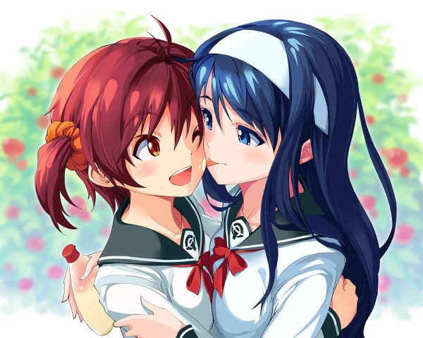 Anime picture 1200x960 with vividred operation isshiki akane futaba aoi (vividred operation) michairu long hair short hair open mouth blue eyes red eyes twintails multiple girls blue hair red hair short twintails shoujo ai girl uniform 2 girls school uniform hairband
