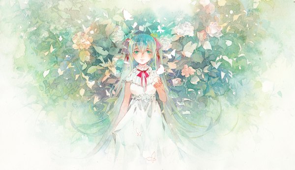 イラスト 1200x695 と ボーカロイド 初音ミク 零 (4656825) ソロ 長髪 カメラ目線 前髪 おっぱい simple background wide image 白背景 ツインテール aqua eyes aqua hair alternate costume sleeveless outstretched arm eyebrows traditional media 水彩