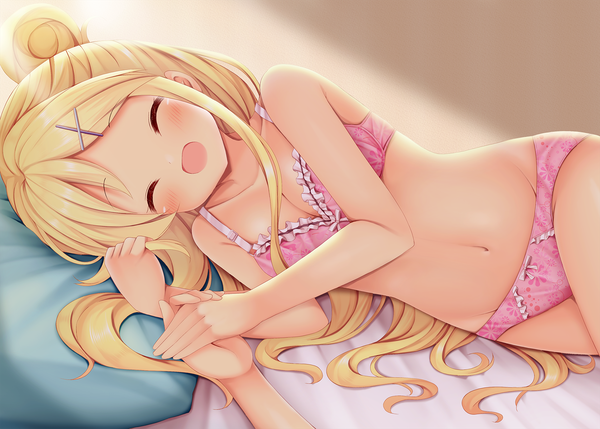 Anime picture 1678x1200 with kin-iro mosaic kujou karen minato (ojitan gozaru) long hair blush fringe breasts open mouth light erotic blonde hair smile cleavage indoors lying eyes closed :d hair bun (hair buns) underwear only floral print holding hands
