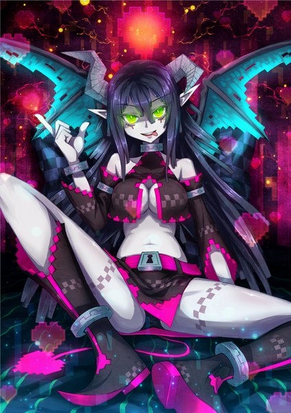 Anime picture 1414x2000 with original samael single long hair tall image looking at viewer breasts open mouth light erotic black hair smile sitting bare shoulders green eyes yellow eyes horn (horns) pointy ears spread legs demon girl girl