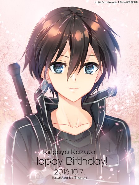 Anime picture 600x800 with sword art online a-1 pictures kirigaya kazuto trianon single tall image looking at viewer fringe short hair black hair hair between eyes signed light smile sparkle grey eyes character names dated portrait happy birthday boy