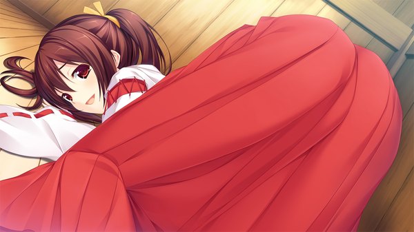 Anime picture 1280x720 with lovesick puppies hoshina yuki long hair open mouth light erotic red eyes brown hair wide image game cg ass traditional clothes miko girl