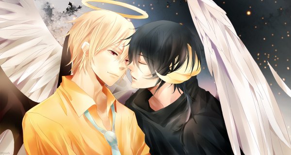 Anime picture 1350x720 with original 89pixels short hair black hair blonde hair red eyes wide image eyes closed horn (horns) multiple boys open collar angel wings demon wings shounen ai angel demon almost kiss boy wings necktie