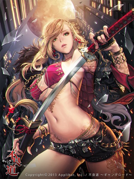 Anime picture 699x933 with furyou michi ~gang road~ love cacao single long hair tall image looking at viewer breasts light erotic blonde hair green eyes lips bare belly midriff tattoo girl navel weapon earrings sword shorts