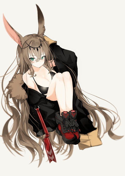 Anime picture 850x1204 with original narue single long hair tall image looking at viewer blush fringe breasts light erotic simple background brown hair large breasts white background sitting green eyes animal ears full body bent knee (knees) mole