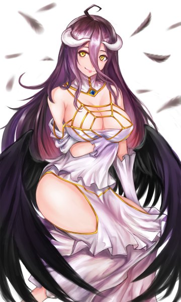 Anime picture 1447x2411 with overlord (maruyama) madhouse albedo (overlord) ytoy single long hair tall image looking at viewer breasts light erotic smile large breasts yellow eyes cleavage purple hair ahoge horn (horns) blurry black wings low wings