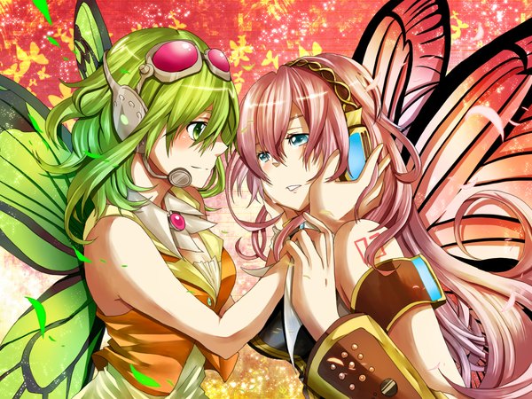 Anime picture 2000x1500 with vocaloid magnet (vocaloid) megurine luka gumi ame gatsu (artist) long hair highres blue eyes multiple girls green eyes pink hair green hair face to face insect wings butterfly wings girl 2 girls headphones goggles
