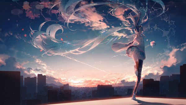 Anime picture 1639x925 with vocaloid hatsune miku rella single fringe open mouth wide image standing twintails sky cloud (clouds) full body eyes closed very long hair pleated skirt aqua hair wide sleeves shadow zettai ryouiki city