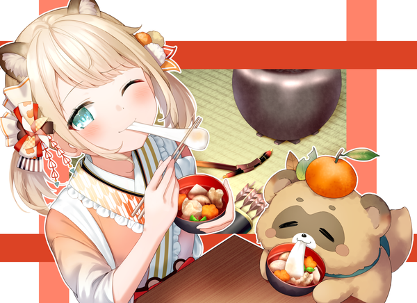 Anime picture 1573x1142 with virtual youtuber hololive kazama iroha pokobee kazama iroha (new year) faubynet single looking at viewer blush short hair twintails animal ears traditional clothes japanese clothes one eye closed aqua eyes from above official alternate costume short twintails eating