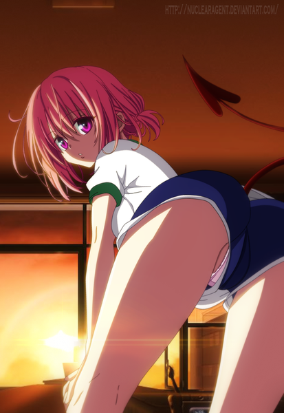 Anime picture 689x1000 with toloveru toloveru darkness xebec momo velia deviluke nuclearagent single tall image short hair light erotic pink hair ass tail pink eyes looking back sunlight coloring demon tail girl shorts window