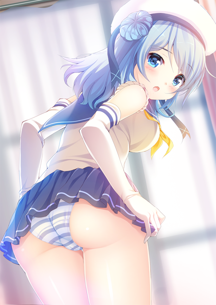 Anime picture 706x1000 with kantai collection urakaze destroyer izumi akane single long hair tall image looking at viewer blush open mouth blue eyes light erotic blue hair ass looking back hair bun (hair buns) dutch angle pantyshot upskirt girl skirt