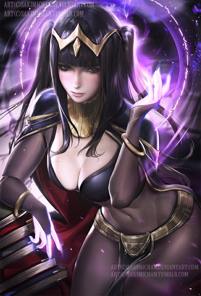 Anime picture 612x900 with fire emblem fire emblem awakening nintendo sarja sakimichan single long hair tall image looking at viewer fringe breasts light erotic black hair large breasts cleavage traditional clothes parted lips fingernails from above lips