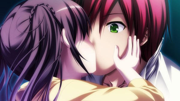 Anime picture 1280x720 with gensou no idea makita maki long hair short hair black hair wide image twintails green eyes game cg red hair kiss girl boy