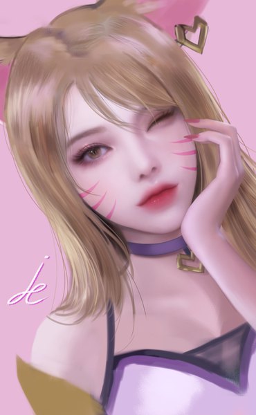 Anime picture 2528x4096 with league of legends k/da (league of legends) ahri (league of legends) k/da ahri pinker single long hair tall image looking at viewer fringe highres breasts simple background blonde hair hair between eyes brown eyes signed animal ears cleavage upper body