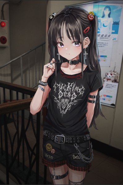 Anime picture 2359x3552 with original nadegata single long hair tall image looking at viewer blush fringe highres brown hair purple eyes indoors blunt bangs nail polish fingernails short sleeves two side up arm behind back clothes writing holding hair