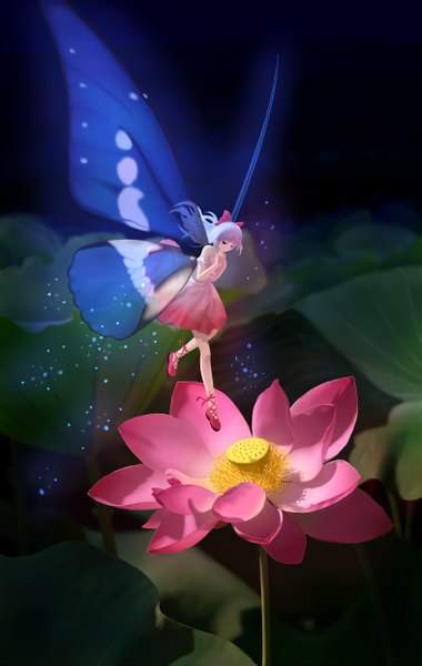 Anime picture 1574x2480 with original kohaku (ambermoe) single long hair tall image fringe purple hair glow insect wings butterfly wings girl dress flower (flowers) bow plant (plants) hair bow wings shoes