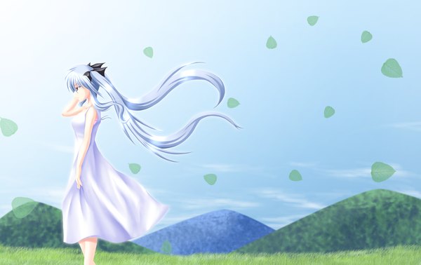 Anime picture 1900x1200 with yuunagi kanade long hair highres red eyes twintails blue hair girl leaf (leaves) sundress