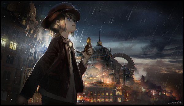 Anime picture 1527x885 with original lownine (amuza) single looking at viewer short hair blonde hair wide image signed cloud (clouds) border rain scenic boy hat building (buildings) necklace gears