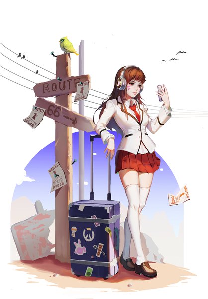 Anime picture 2362x3388 with overwatch blizzard entertainment d.va (overwatch) ganymede (overwatch) pauld single long hair tall image fringe highres brown hair standing brown eyes looking away full body zettai ryouiki facial mark whisker markings route 66 girl