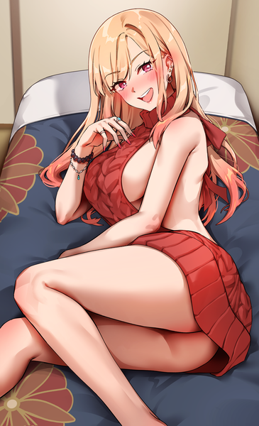 Anime picture 2800x4600 with sono bisque doll wa koi wo suru cloverworks kitagawa marin foxyrain single long hair tall image looking at viewer blush fringe highres breasts open mouth light erotic blonde hair smile red eyes large breasts bent knee (knees) ass