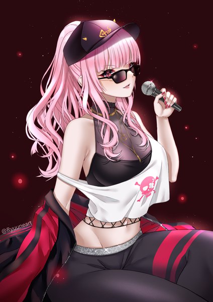 Anime picture 2894x4093 with virtual youtuber hololive hololive english mori calliope mori calliope (streetwear) ryuuneart single long hair tall image looking at viewer blush fringe highres breasts open mouth simple background smile large breasts holding signed