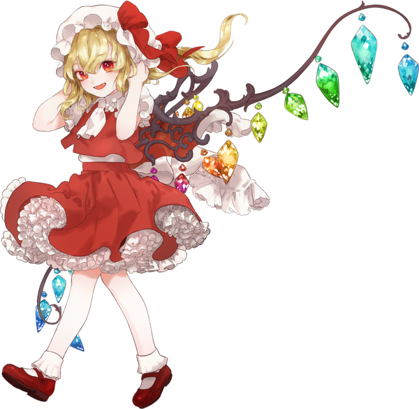Anime picture 1010x988 with touhou flandre scarlet nu (24081276) single long hair looking at viewer fringe open mouth blonde hair hair between eyes red eyes full body one side up transparent background walking adjusting hat girl skirt hat wings