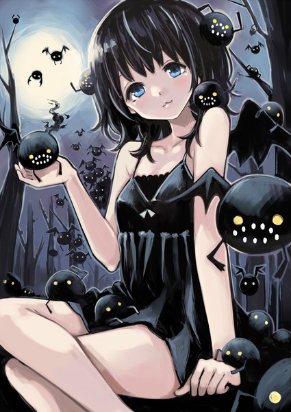 Anime picture 1000x1412 with original yami shoujo morina nao single long hair tall image looking at viewer fringe open mouth blue eyes black hair sitting sky outdoors night night sky crossed legs pale skin flying bat wings