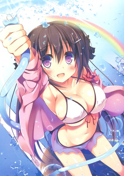 Anime picture 2232x3162 with original nozomi tsubame single long hair tall image blush highres breasts open mouth light erotic black hair smile brown hair large breasts sitting purple eyes absurdres cleavage :d from above