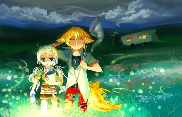 Anime picture 5100x3300 with original starrelly long hair highres open mouth blue eyes twintails animal ears absurdres cloud (clouds) white hair eyes closed animal tail orange hair night sky girl boy ribbon (ribbons) plant (plants) hair ribbon
