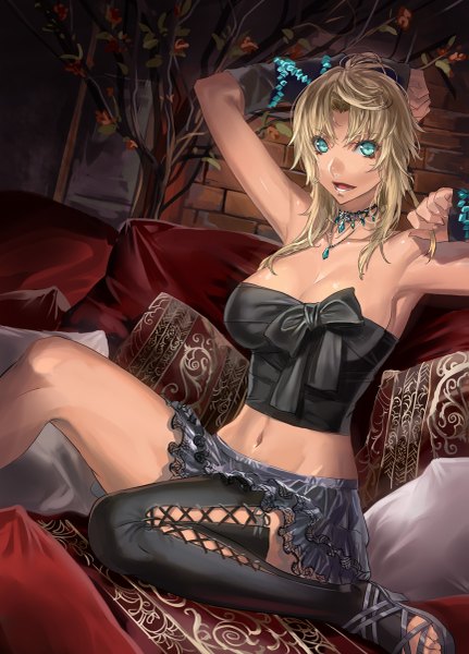 Anime picture 863x1200 with original ranou single long hair tall image looking at viewer breasts open mouth light erotic blonde hair large breasts sitting bare shoulders aqua eyes armpit (armpits) arm behind head lacing girl skirt navel